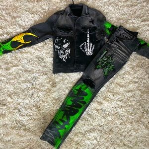 Men denim jacket and jean seat